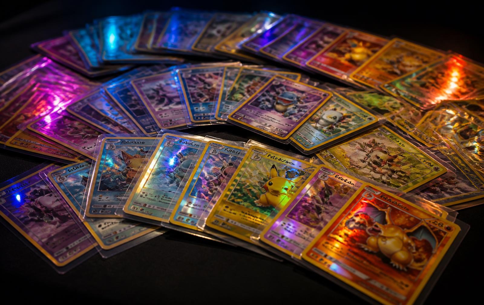 Fargerike holografiske Pokémon-samlekort spredt i vifte på mørkt underlag